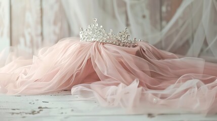 Vintage tulle pink chiffon dress and diamond tiara on wooden white table. Generative AI