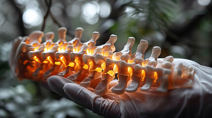 Closeup of doctor hand in gloves holding a glowing wooden vertebra model highlighting the structure and function of the spine