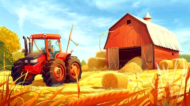 Barn and tractor in a farm field. Seamless loop video background