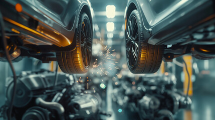 Automated precision: close-up of robotic arms aligning and welding car exhaust systems in a modern automobile factory.