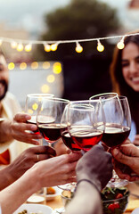 Happy people celebrating summer party toasting with red wine gathered at home terrace.