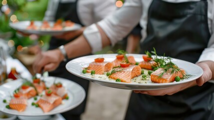 Waiter carrying plates with meat dish on some festive event, party or wedding reception restaurant. Generative AI