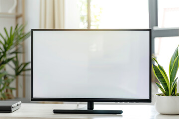 empty White screen on Desktop monitor, placed in Office environment, light wood desk, soft lighting, modern tech gadgets