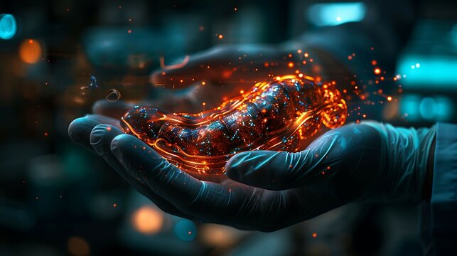 Closeup of doctor hand in gloves holding a glowing wooden pancreas model