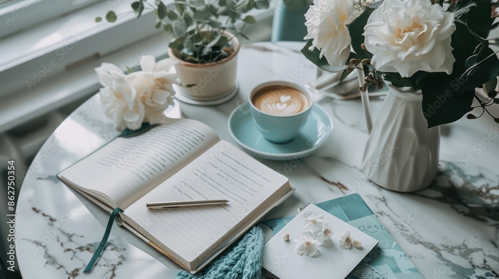 Poster a table with a book, a cup of coffee, and a vase of flowers. the book is open to a page with a pen o