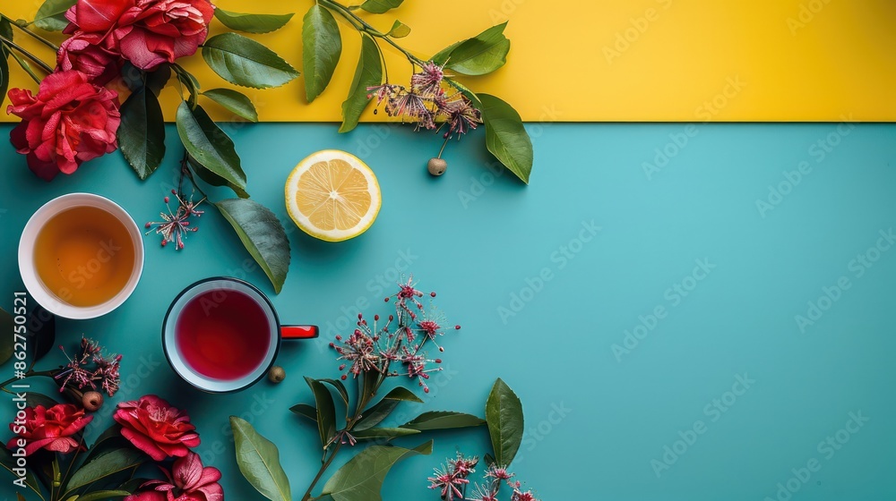 Poster a colorful background with a cup of tea and a lemon on it. the background is blue and yellow