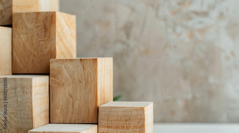 Poster A stack of wooden blocks with a green leaf in the middle. The blocks are arranged in a pyramid shape, with the top block being the smallest. Concept of stability and balance
