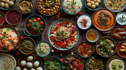 A vibrant spread of Middle Eastern cuisine, featuring various dishes, sides, and sauces on a rustic...