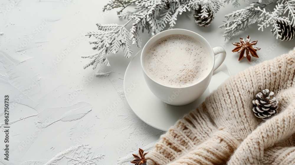 Poster a white mug with a white cup saucer sits on a table with a blanket and pine cones. the scene conveys