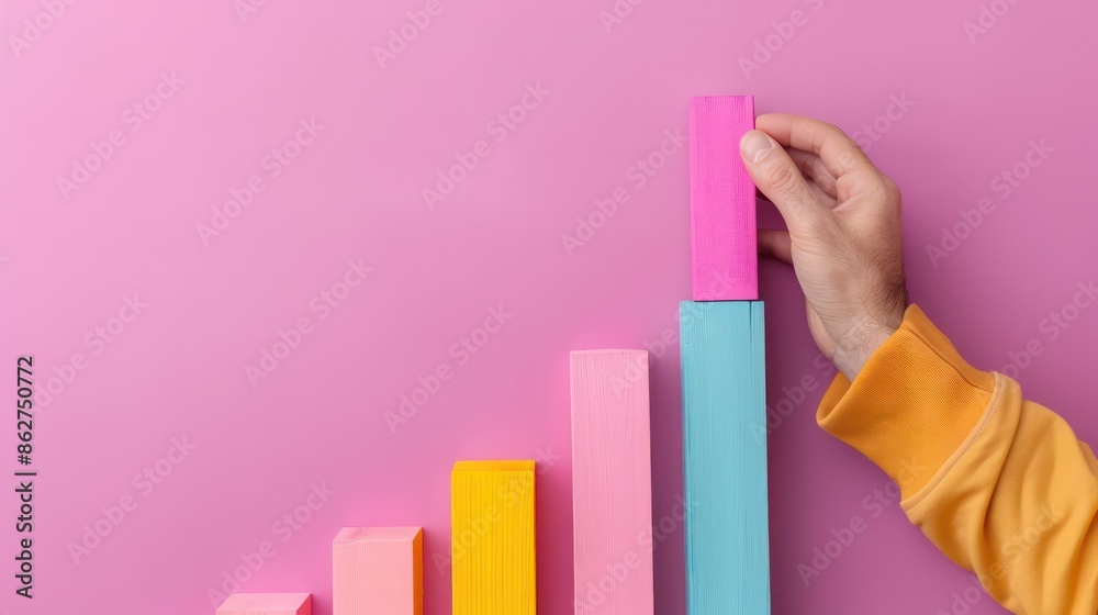 Aufkleber A person is holding a block of wood and placing it on top of another block of wood. The blocks are arranged in a way that they form a staircase. Concept of progress and growth