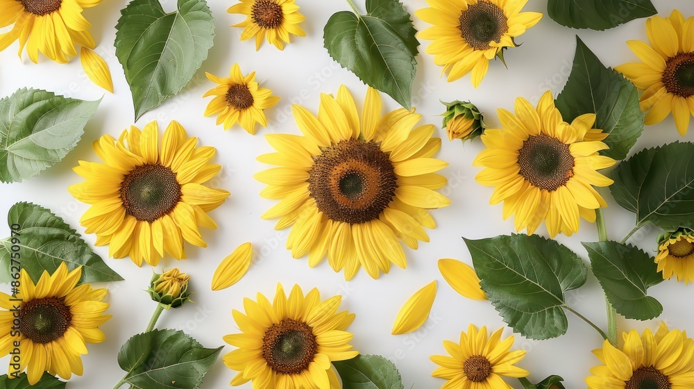 Poster a close up of yellow flowers with green leaves. the flowers are arranged in a way that they look lik