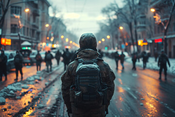 Obraz premium Crisis in Belarus: Opposition movement and international responseA man wearing a backpack walks along a snowcovered street