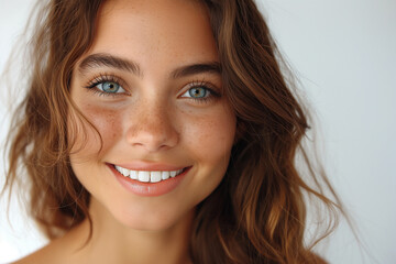Naklejka premium Beautiful young woman with healthy teeth on white background, ai technology