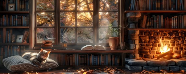 Obraz premium A cozy reading nook with a fireplace crackling and a cat curled up by the fire (realistic)