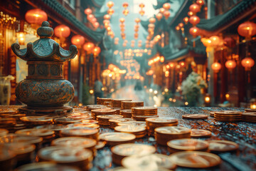 US-China Trade War: Impact on the global economy. Narrow alleyway filled with coins and lanterns, creating vibrant atmosphere