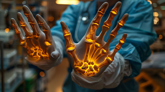 Closeup of doctor hand in gloves holding a glowing wooden carpal bones model with the scaphoid lunate and triquetrum
