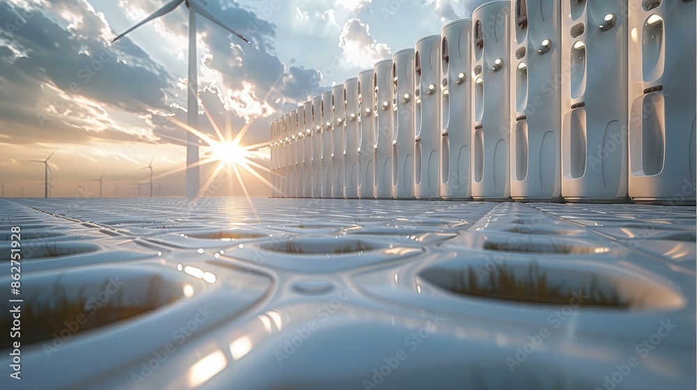 Poster a cells energy storage systems. solar cell, windmill. generative ai.