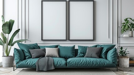 3 vertical blank poster frames on the wall, with a white background. A teal sofa with black and...