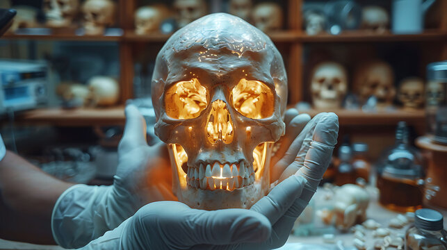 Closeup of doctor hand in gloves holding a glowing wooden cranium model highlighting the skull's protective function for the brain