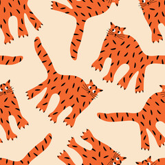 Funny ginger cat hand drawn vector illustration. Cute animal seamless pattern for kids fabric or wallpaper.