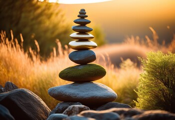 Obraz premium balanced stone stack zen cairn sculpture nature, art, harmony, meditation, rock, arrangement, equilibrium, calm, serene, outdoors, natural, stacked, pebbles