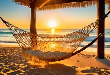 golden sunlight shining peaceful beachside hammock sea, relaxation, serene, tranquil, coast, ocean, vacation, leisure, idyllic, tropical, outdoor, paradise