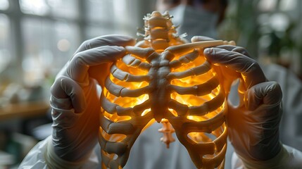 Closeup of doctor hand in gloves holding a glowing wooden sternum model highlighting the attachment points for the ribs and clavicles