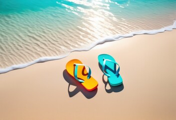 Obraz premium vibrant flip flops resting sandy beach, sea, ocean, shore, waves, coast, tropical, vacation, sunlight, bright, colorful, calm, horizon, summery, holiday