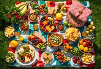 Fototapeta premium colorful picnic blanket assortment food spread out outdoor dining, fruits, vegetables, sandwiches, snacks, bread, cheese, drinks, refreshments, leisure