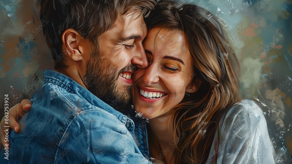 Canvas Prints A painting of a couple laughing and embracing.