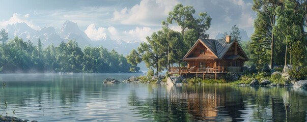 Obraz premium A tranquil lakeside cabin. Realistic.