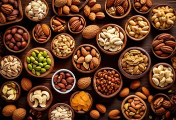 various nuts wooden pecans healthy snack mix, almond, cashew, hazelnut, peanut, pistachio, assorted, organic, raw, vegan, vegetarian, crunchy, delicious, gourmet