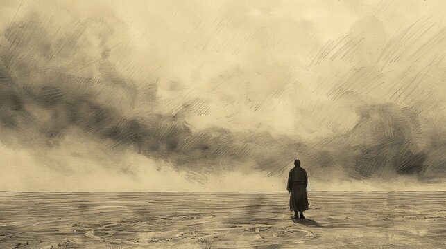 Genesis:Cain and Abel,Genesis Cain's Isolation: After Abel's Murder, Stormy Sky, Biblical Illustration, Field, Beige Background, Copyspace