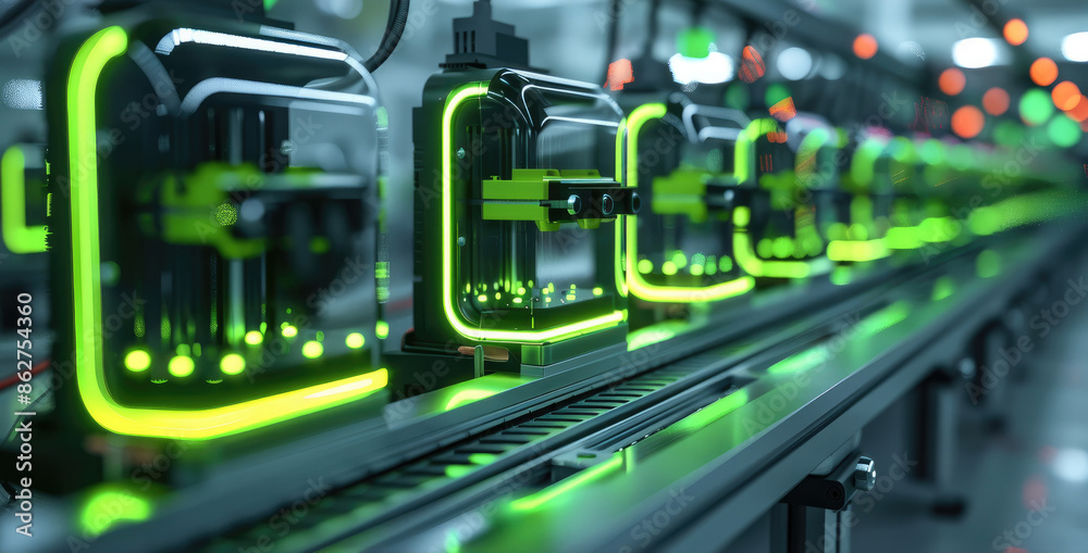 Aufkleber 3d printers with neon green stripes. depth of field. generative ai.