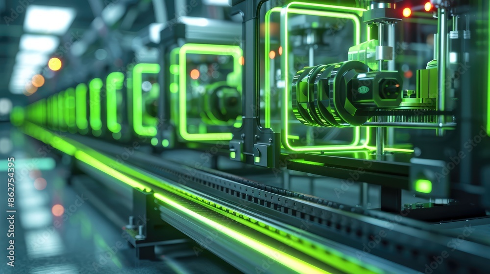 Aufkleber 3d printers with neon green stripes. depth of field. generative ai.