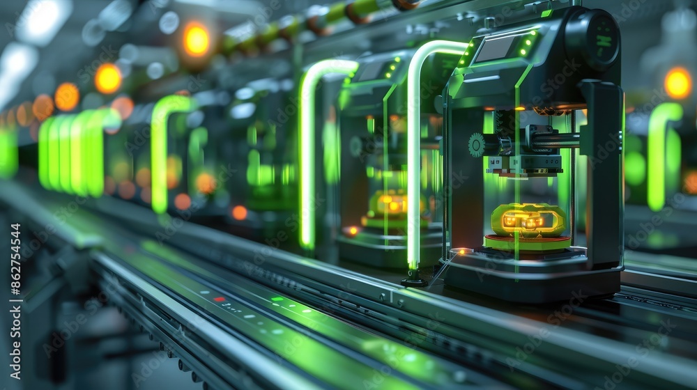 Aufkleber 3d printers with neon green stripes. depth of field. generative ai.