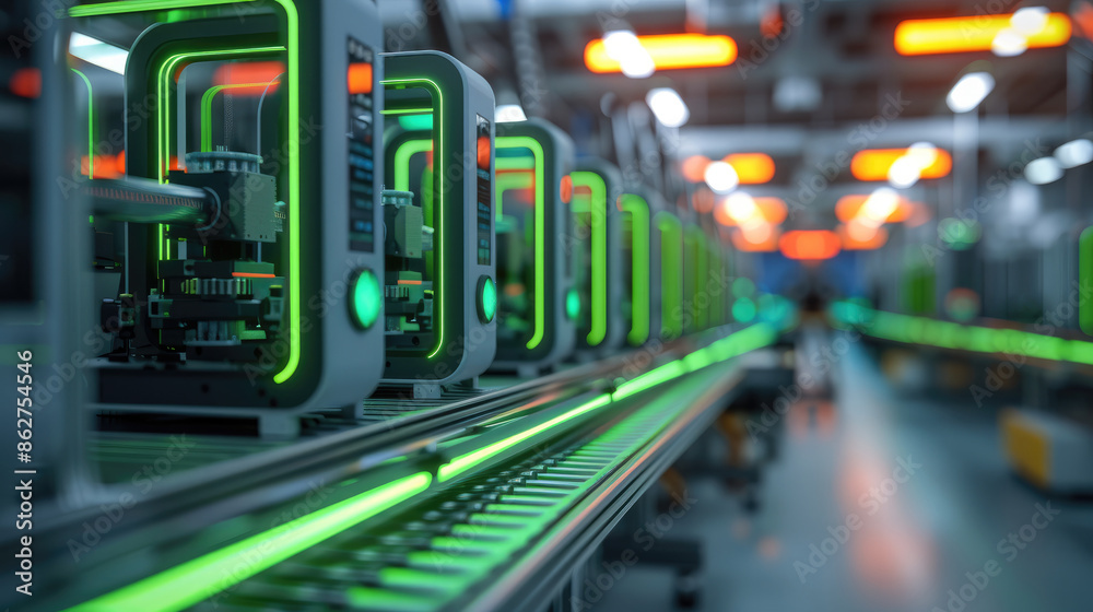 Poster 3d printers with neon green stripes. depth of field. generative ai.
