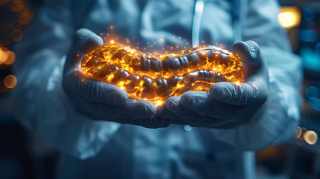 Closeup of doctor hand in gloves holding a glowing wooden jejunum model showing the plicae circulares and villi
