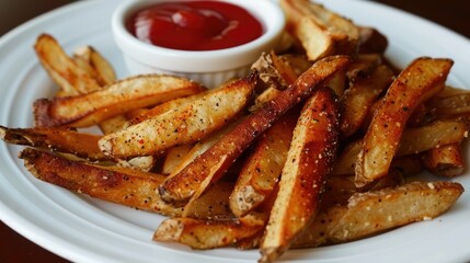 A serving of crispy, seasoned steak fries on a white plate with a small bowl of ketchup