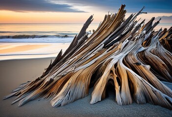 unique driftwood formations along shoreline, beach, ocean, nature, texture, weathered, twisted, coastal, wooden, sculptural, sea, organic, outdoor