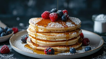 A stack of fluffy pancakes drizzled with maple syrup and topped with fresh berries and powdered sugar