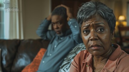 Fototapeta premium Emotional elderly couple in a thoughtful moment at home. This AI-generated image captures the deeper feelings of concern