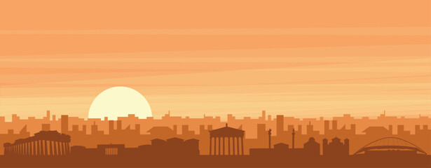 Obraz premium Brown panoramic poster of the city skyline with misty background buildings, sunrise, clouds and mountains of ATHENS, GREECE
