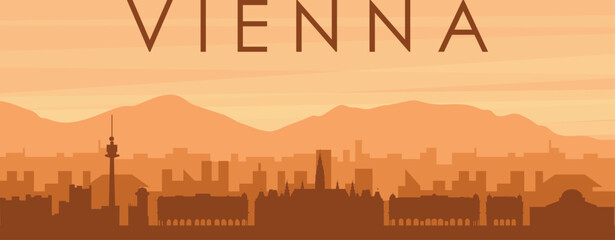 Brown panoramic poster of the city skyline with misty background buildings, sunrise, clouds and mountains of VIENNA, AUSTRIA