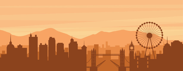 Brown panoramic poster of the city skyline with misty background buildings, sunrise, clouds and mountains of LONDON, UNITED KINGDOM