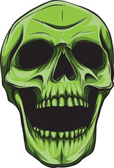 A green skull cartoon with an open mouth, wearing protective gear