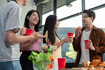 drinks and conversation, social gathering and get together. Young people, group and happiness at fast food pizzeria, celebration at home.