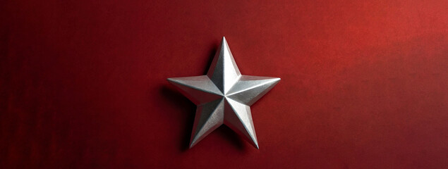 Silver Star isolated on red background, Communism and socialism vector icon, sickle and the star of communism, Design template for Poster, Web banner, Brochure, Card with copy space