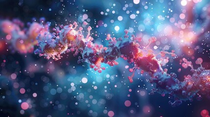 Close-up of DNA strands with a vibrant, cosmic background.