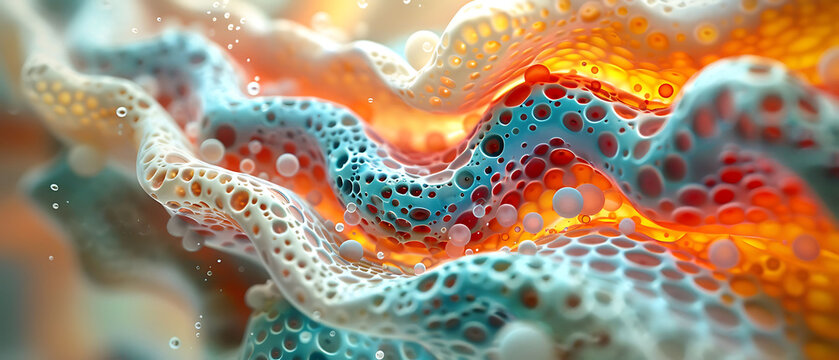 3d model of bladder where urothelium depicted textured deep red band Highlight trigone area contrasting shade of blue green creating striking visual effect Place bladder within soft gradient